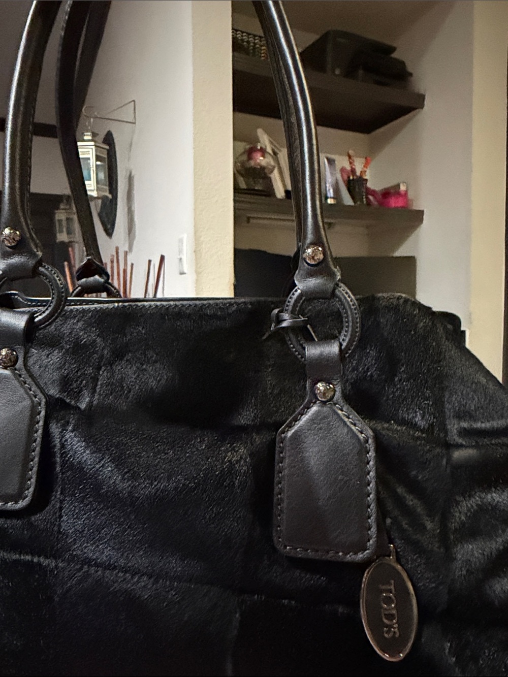 Tod's Black Leather & Haircalf Tote with Logo Charm